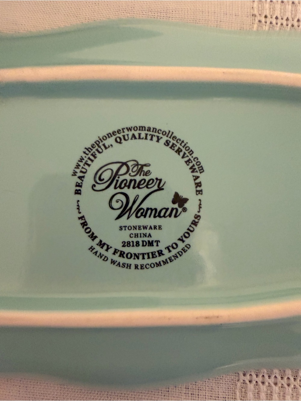 Vintage Pioneer Woman Blue Embossed Ceramic Butter Dish with Glass Knob - Picture 6 of 6